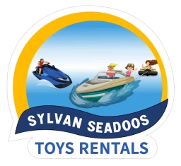 A circular logo for 'Sylvan Seadoo Toy Rentals'. It contains the company name as well an image of a family in a motor boat and a man on a seadoo